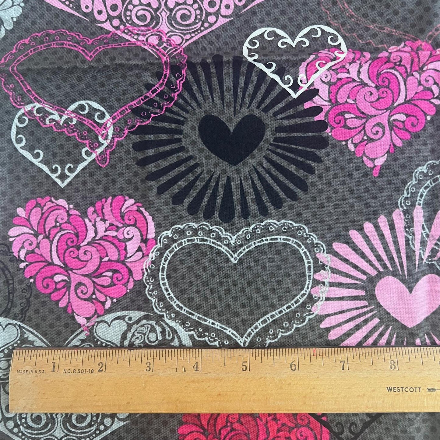 DESTASH Adore - 1 Yard Cut of Pink Red Hearts on Gray Fabric, Henry Glass & Co 1036, Modern Valentine's Day Fabric