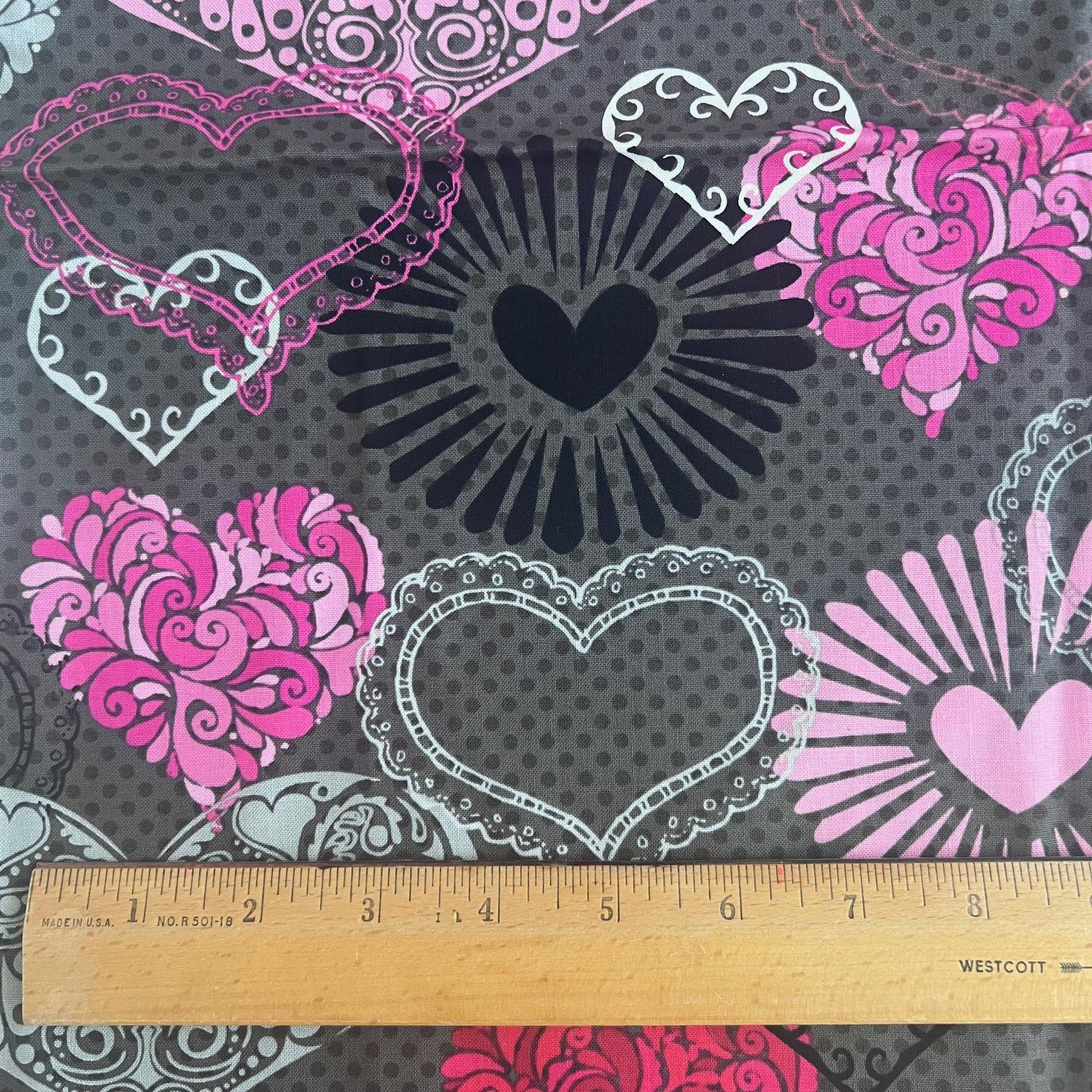 DESTASH Adore - 1 Yard Cut of Pink Red Hearts on Gray Fabric, Henry Glass & Co 1036, Modern Valentine's Day Fabric
