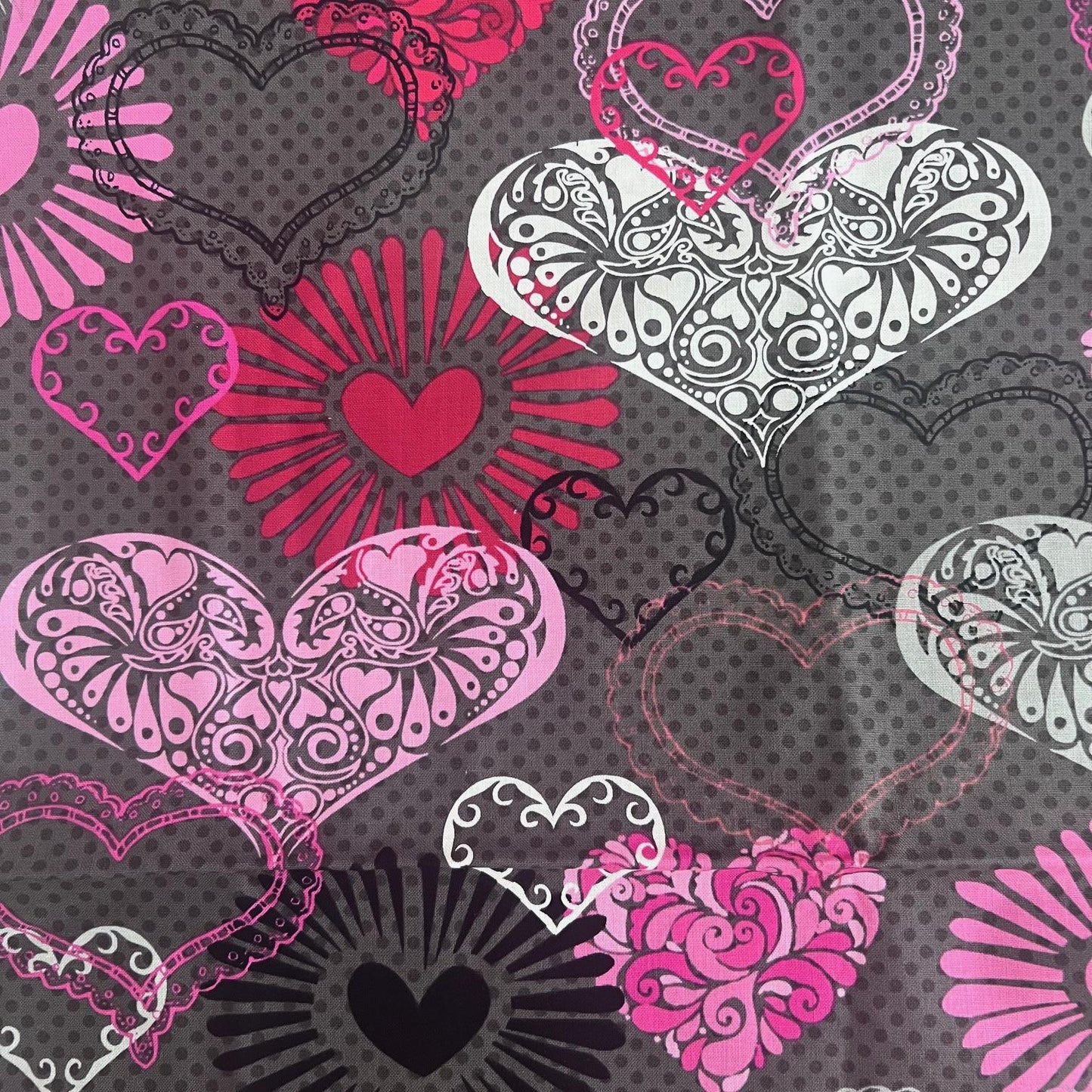 DESTASH Adore - 1 Yard Cut of Pink Red Hearts on Gray Fabric, Henry Glass & Co 1036, Modern Valentine's Day Fabric