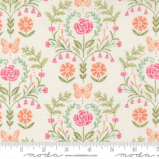 Kindness - Pastel Floral Damask on Cream Fabric, Moda 56152 11 Dogwood, Peach Pink Green Floral Cotton Fabric, Deb Strain, By the Yard