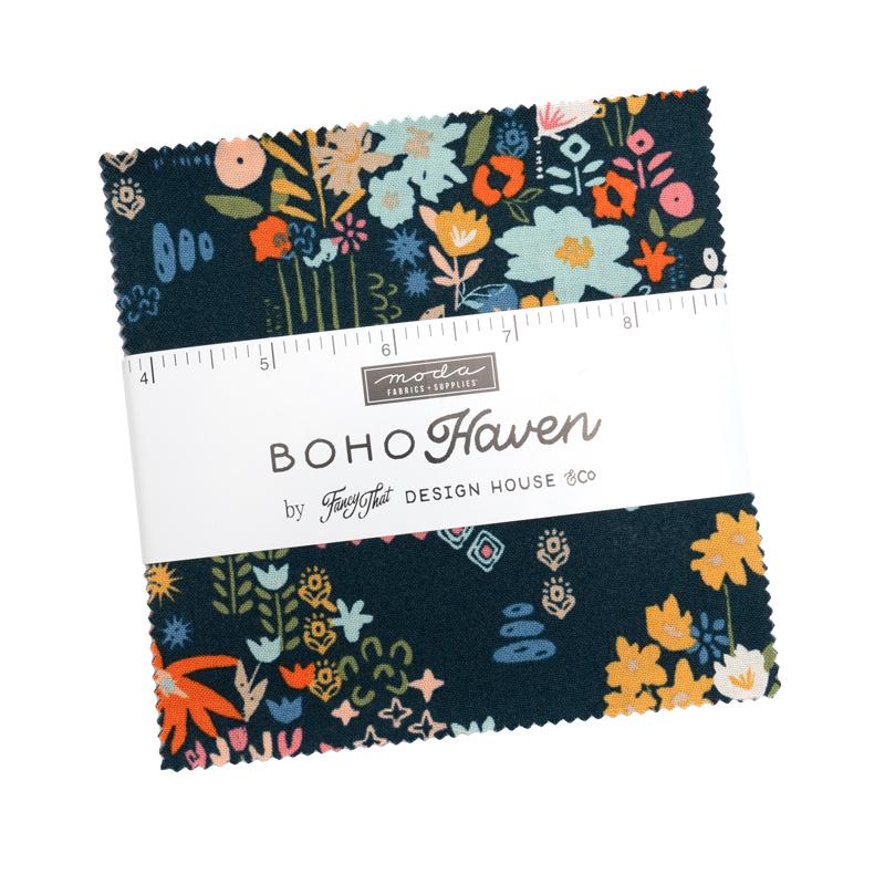 Boho Haven 10" Layer Cake, Moda 45640LC, 10" Precut Navy Blue Brown Gold Rust Floral Fabric Squares, Fancy That Design