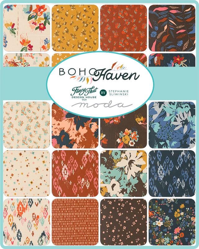 Boho Haven 10" Layer Cake, Moda 45640LC, 10" Precut Navy Blue Brown Gold Rust Floral Fabric Squares, Fancy That Design
