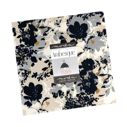 Arabesque 5" Layer Cake, Moda 33830LC, 10" Precut Navy Taupe Beige Gold Blue Amber Floral Fabric Squares, Studio M