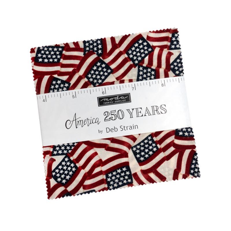 America 250 Years Charm Pack, Moda 56180PP, 5" Precut Independence Day Patriotic Charm Pack Fabric Squares, Deb Strain