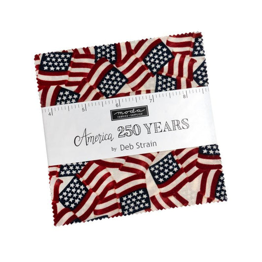 America 250 Years Charm Pack, Moda 56180PP, 5" Precut Independence Day Patriotic Charm Pack Fabric Squares, Deb Strain