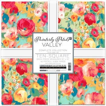Painterly Petals Valley Ten Square, Robert Kaufman TEN-1441-42, 10" Precut Multicolored Floral Fabric Squares