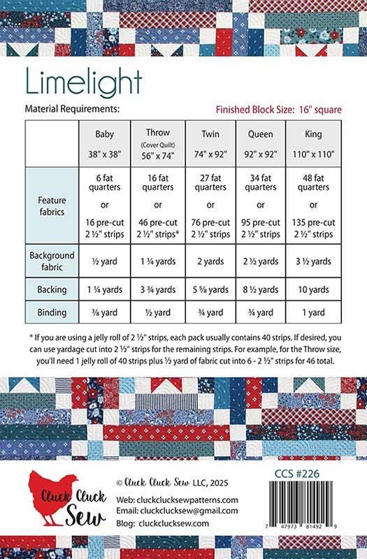 Limelight Quilt Pattern, Cluck Cluck Sew CCS226, Jelly Roll Fat Quarter FQ Friendly Throw Baby Bed Quilt Pattern, Patriotic Quilt Pattern