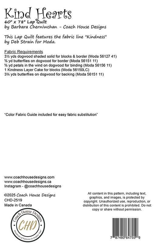 Kind Hearts Quilt Pattern, Coach House Designs CHD2519, Layer Cake Friendly Valentine Wedding Love Hearts Lap Throw Quilt Pattern