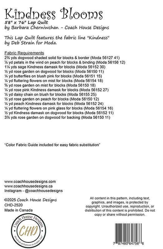 Kindness Blooms Quilt Pattern, Coach House Designs CHD2520, Layer Cake Friendly Valentine Wedding Love Hearts Lap Throw Quilt Pattern