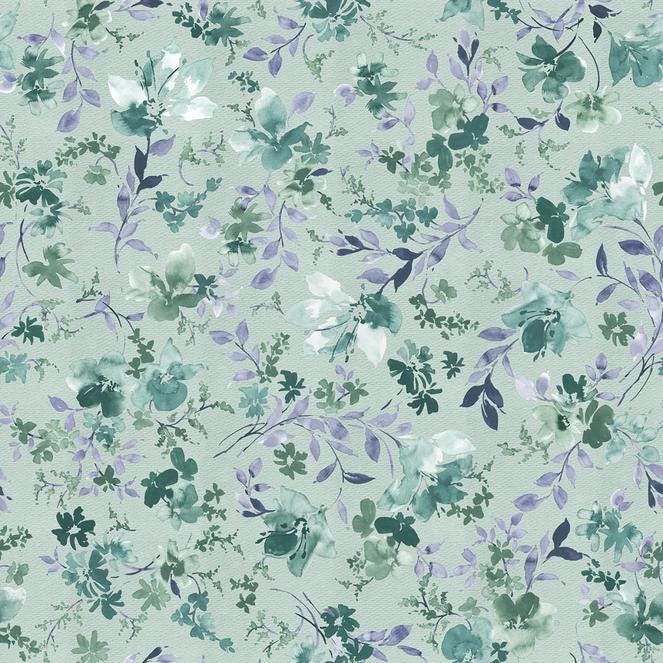 118" Garden Whispers - Teal Watercolor Floral Quilt Back Fabric, Studio E 8751S-78 Celadon, Floral Wide Quilt Backing Fabric, By the Yard