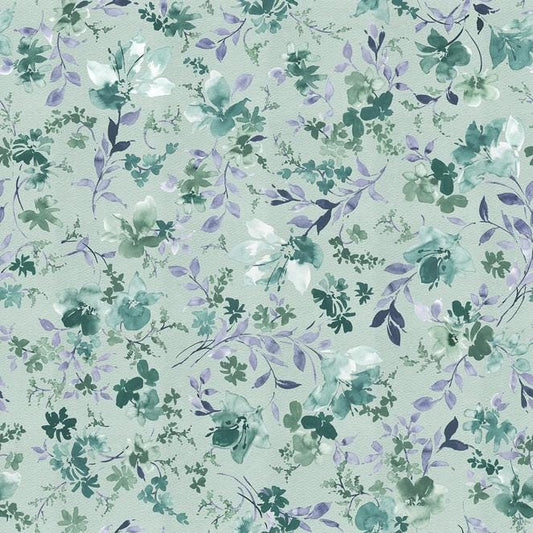 118" Garden Whispers - Teal Watercolor Floral Quilt Back Fabric, Studio E 8751S-78 Celadon, Floral Wide Quilt Backing Fabric, By the Yard