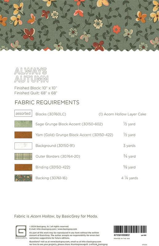 Always Autumn Quilt Pattern, BasicGrey PAT080, Precut 10" Layer Cake Ten Square Friendly Modern Lap Quilt Pattern, Acorn Hollow Pattern