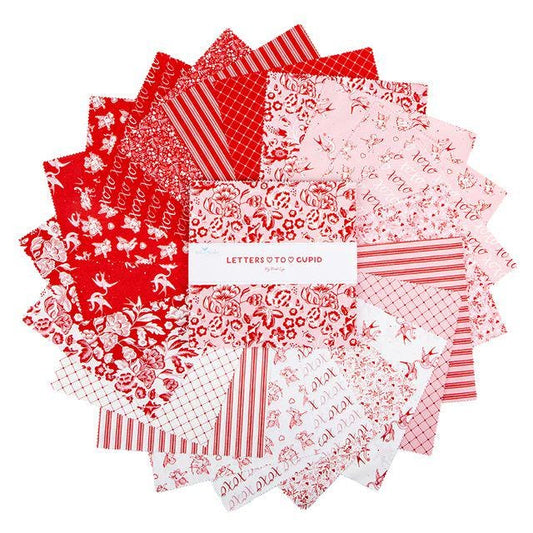 Letters to Cupid 10" Stacker, Riley Blake 10-16980-42, 10" Precut Pink Red Cream Valentines Day Floral Fabric Squares, My Mind's Eye