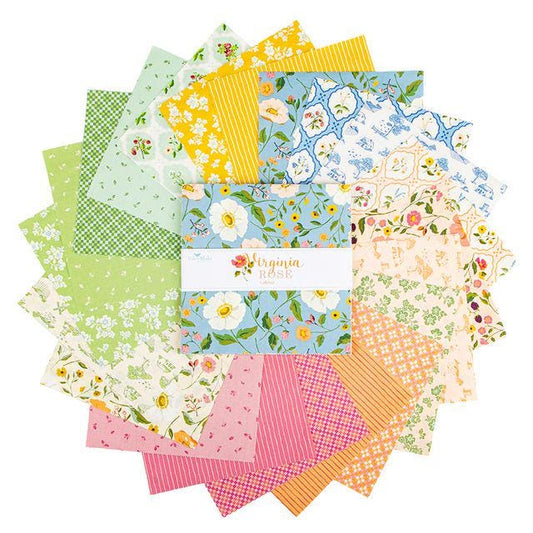 Virginal Rose 10" Stacker, Riley Blake 10-17320-42, Precut 10" Pink Yellow Green Blue Peach Floral Quilt Fabric Squares, Katherine Lenius