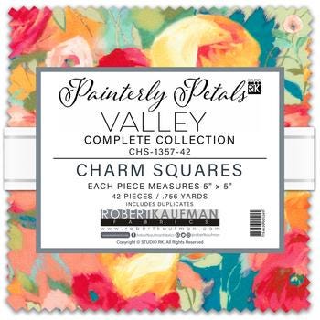 Painterly Petals Valley Charm Squares, Robert Kaufman CHS-1357-42, 5" Precut Multicolored Floral Fabric Squares