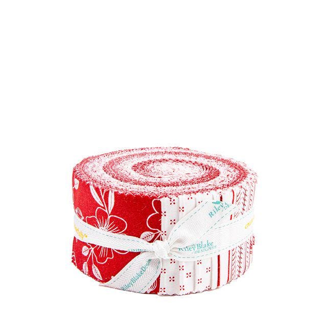 Radiant Ruby Rolie Polie, Riley Blake RP-17260-40, Precut 2.5" Red White Floral Fabric Strips, Dani Mogstad