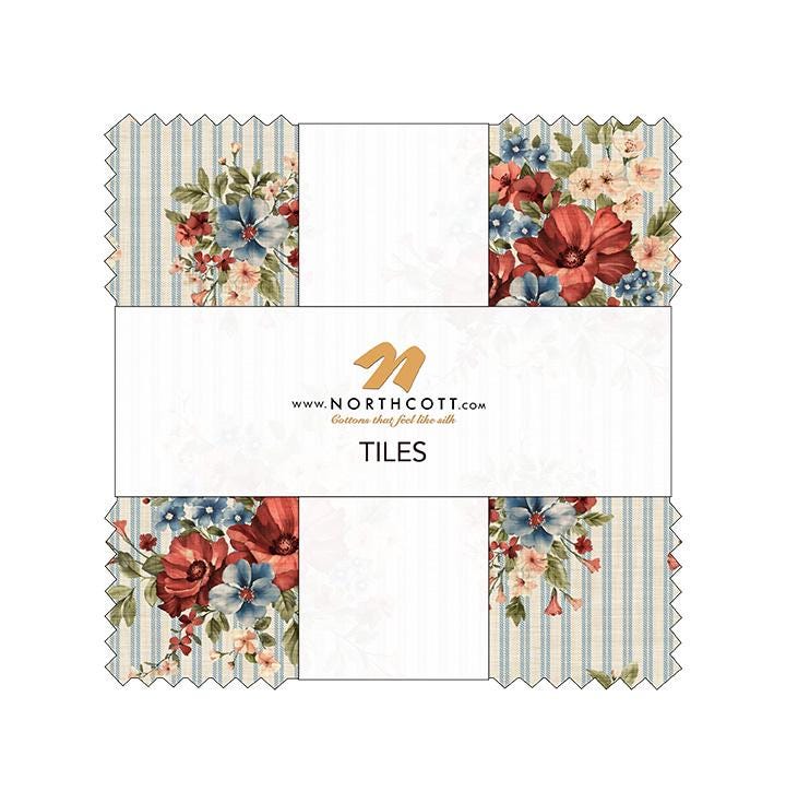 Farmhouse Sampler Tiles, Northcott TFARM42-10, 10" Precut Red Blue Cream Floral Americana Cotton Quilt Fabric Squares, QOV FOH