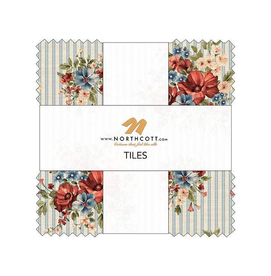 Farmhouse Sampler Tiles, Northcott TFARM42-10, 10" Precut Red Blue Cream Floral Americana Cotton Quilt Fabric Squares, QOV FOH