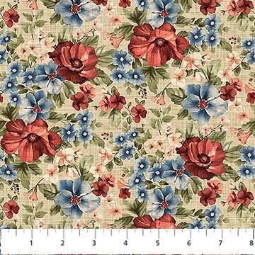 Farmhouse Sampler Tiles, Northcott TFARM42-10, 10" Precut Red Blue Cream Floral Americana Cotton Quilt Fabric Squares, QOV FOH