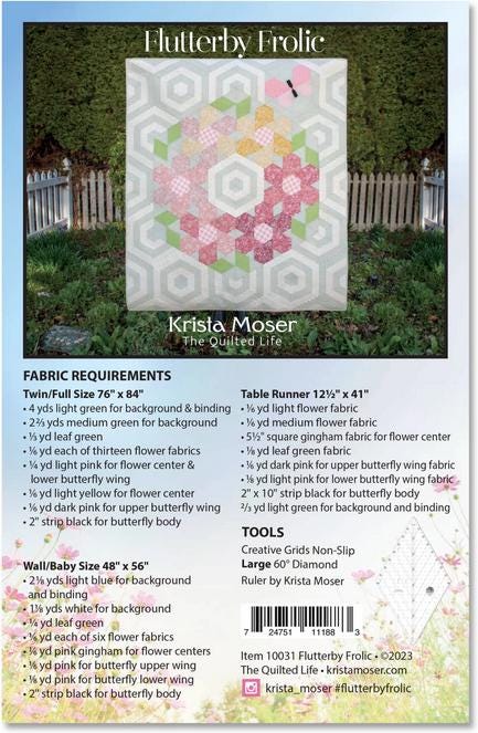 The Flutterby Frolic Quilt Pattern, The Quilted Life TQL10031, Yardage Friendly Spring Floral Wreath Lap Quilt Pattern, 60 Diamond Ruler