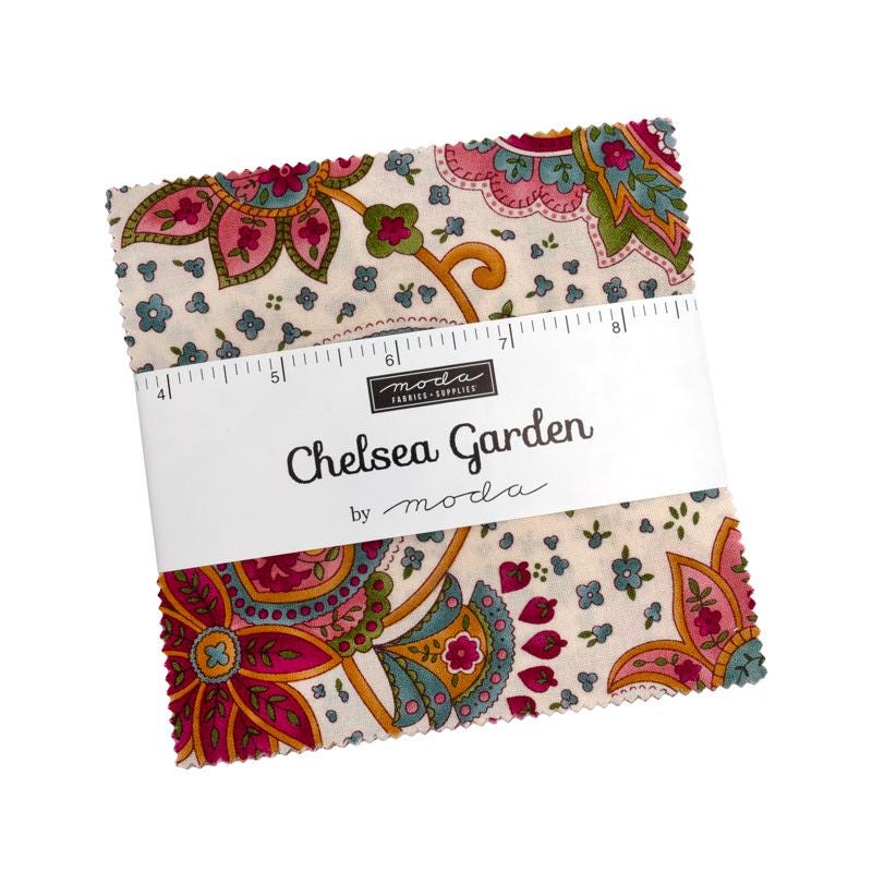 Chelsea Garden 5" Charm Pack, Moda 33850PP, 5" Precut Pink Teal Gold Navy Floral Charm Pack Fabric Squares