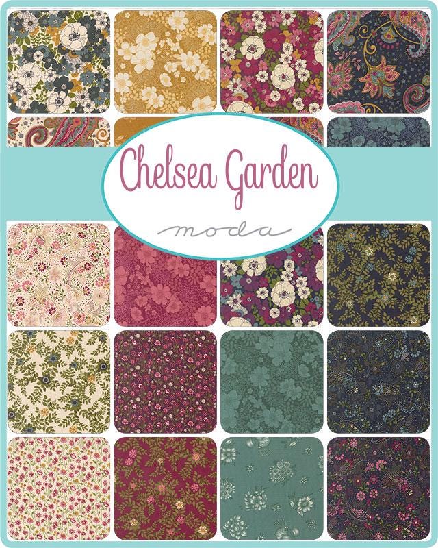 Chelsea Garden 5" Charm Pack, Moda 33850PP, 5" Precut Pink Teal Gold Navy Floral Charm Pack Fabric Squares