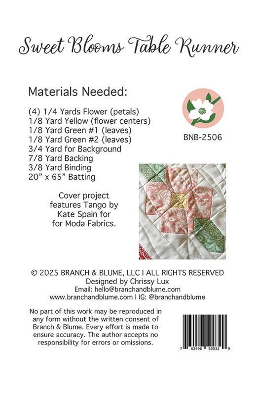 Sweet Blooms Table Runner Quilt Pattern, Branch and Blume BNB2506, Yardage Friendly Star Table Runner Quilt Pattern, Chrissy Lux