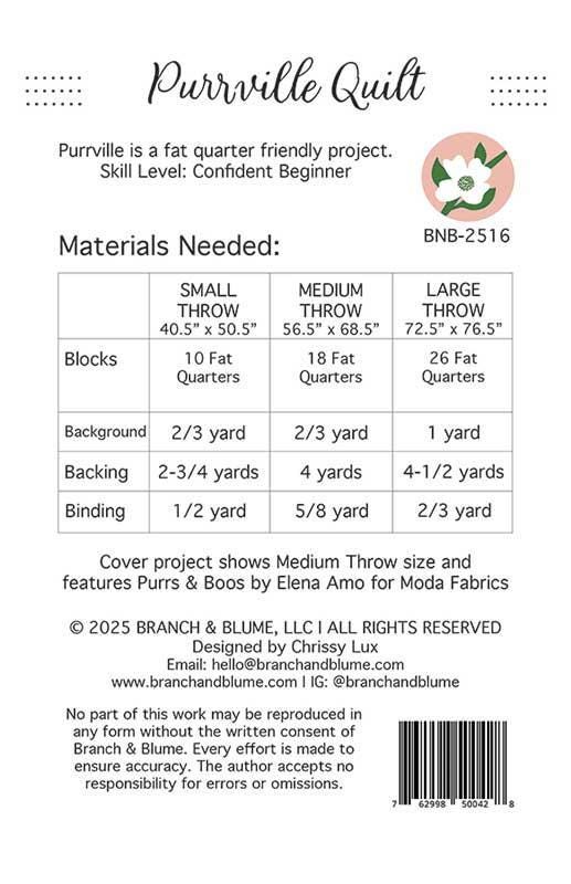 Purrville Quilt Pattern, Branch and Blume BNB2516, Fat Quarter FQ Friendly Cats Lap Throw Quilt Pattern, Chrissy Lux