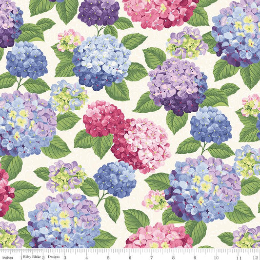 Hydrangeas in the Garden - Floral Pearl Accents on White Fabric, Riley Blake CPL16830-Multi, Pink Purple Blue Floral Cotton Fabric, Bosworth