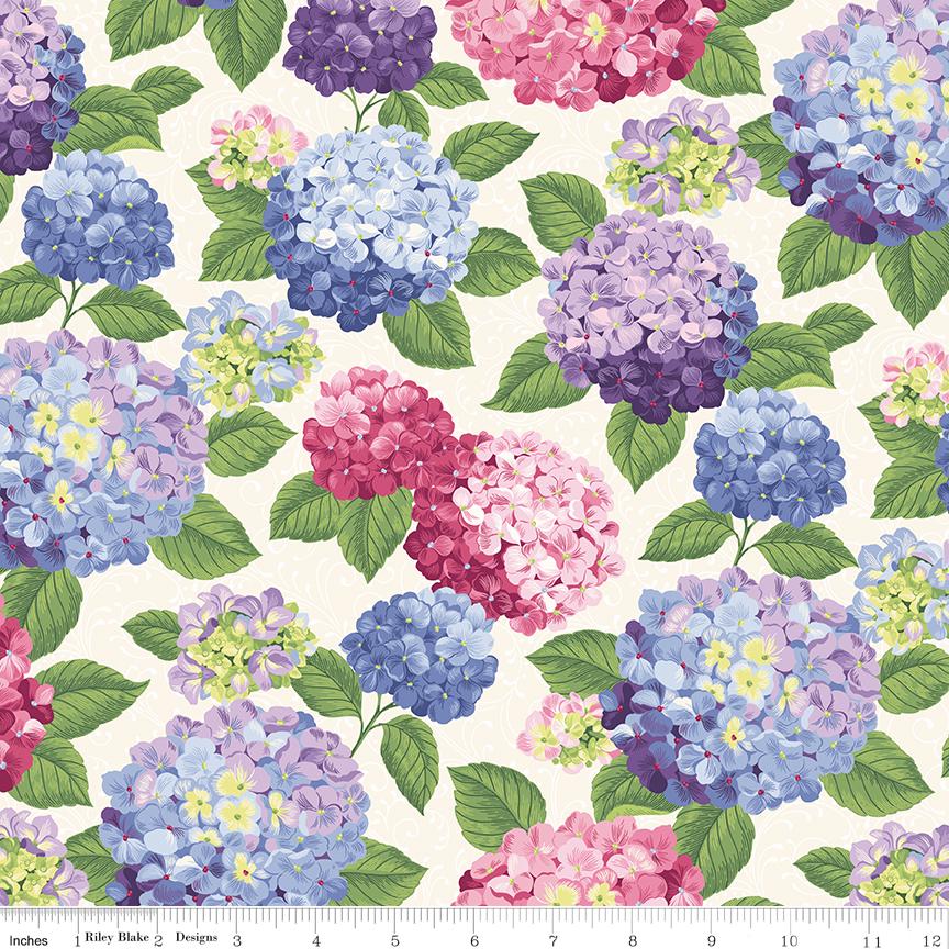 REMNANT 32" of Hydrangeas in the Garden - Pearl Accents on White Floral Fabric, Riley Blake CPL16830-Multi, Pink Purple Blue Floral Fabric