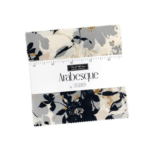 Arabesque 5" Charm Pack, Moda 33830PP, 5" Precut Navy Taupe Beige Gold Blue Amber Floral Fabric Squares, Studio M