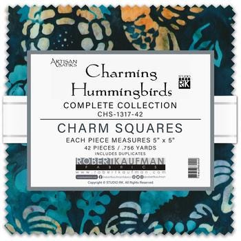 Artisan Batiks Charming Hummingbirds 5" Charm Squares, Robert Kaufman CHS-1317-42, 5" Precut Blue Brown Floral Bird Batik Fabric Squares