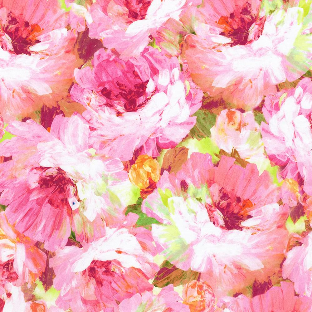 Painterly Petals Valley - Pink Large Print Floral Fabric, Robert Kaufman SRKD-23409-319 Honeysuckle, Painted Look Floral Fabric, By the Yard