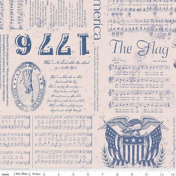 108" Americana - 3 Yard Cut of Patriotic Text on Cream Wide Quilt Back Fabric, Riley Blake 3YD-WB16102-BLUE, Liberty Blue Wide Backing