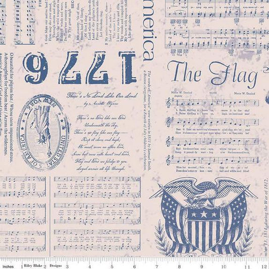 108" Americana - Patriotic Text on Cream Wide Quilt Back Fabric, Riley Blake WB16102-BLUE, Liberty Blue QOV FOH Wide Backing Quilt Fabric