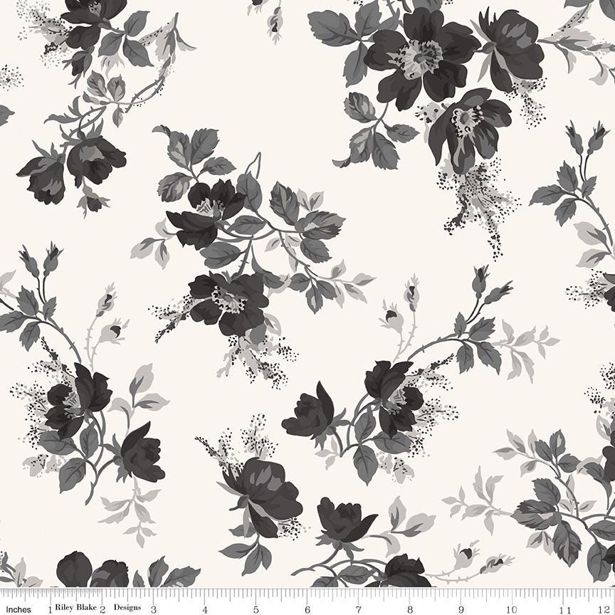 108" Ink and Ivory - 3 Yard Cut of Black Gray Flowers on Cream Wide Quilt Back Fabric, Riley Blake 3YD-WB16917-IVORY, Floral Wide Backing