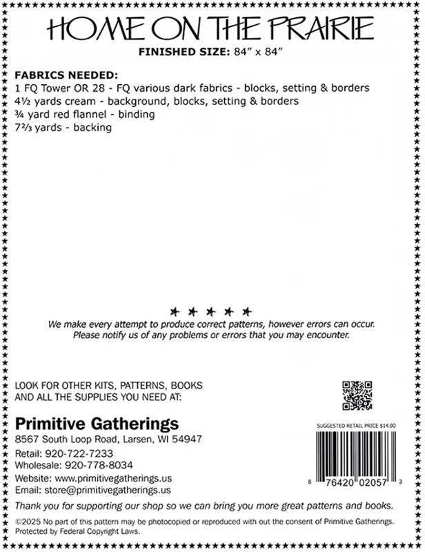 Home on the Prairie Quilt Pattern, Primitive Gatherings PRI2057, FQ Friendly Stars Pinwheels Large Throw or Bed Quilt Pattern