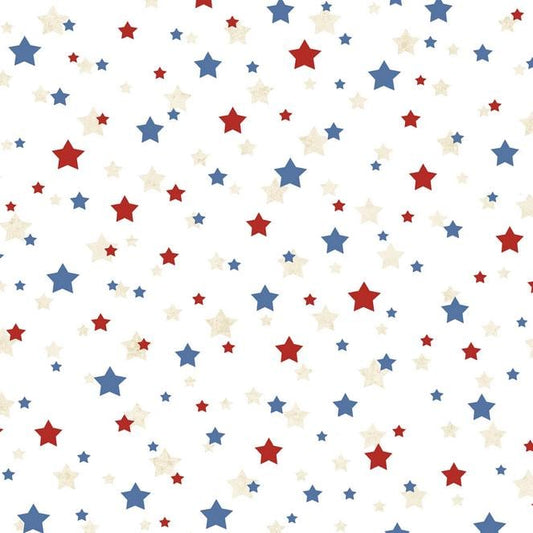 REMNANT 2 Yards 6" of 108" Star Spangled - Blue Red Beige Stars on White Patriotic Wide Quilt Back Fabric, P & B Textiles STSW6170-WMU