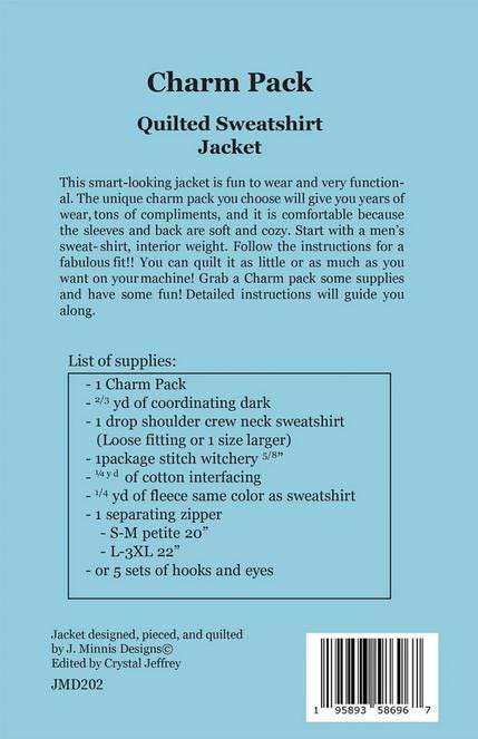 Charm Pack Quilted Sweatshirt Jacket Pattern, Joyce Minnis JMD-202, Patchwork Quilt Jacket Pattern