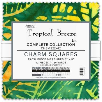 Artisan Batiks Tropical Breeze Charm Squares, Robert Kaufman CHS-1322-42, Precut 5" Blue Green Yellow Leaves Batik Charm Pack Fabric Squares