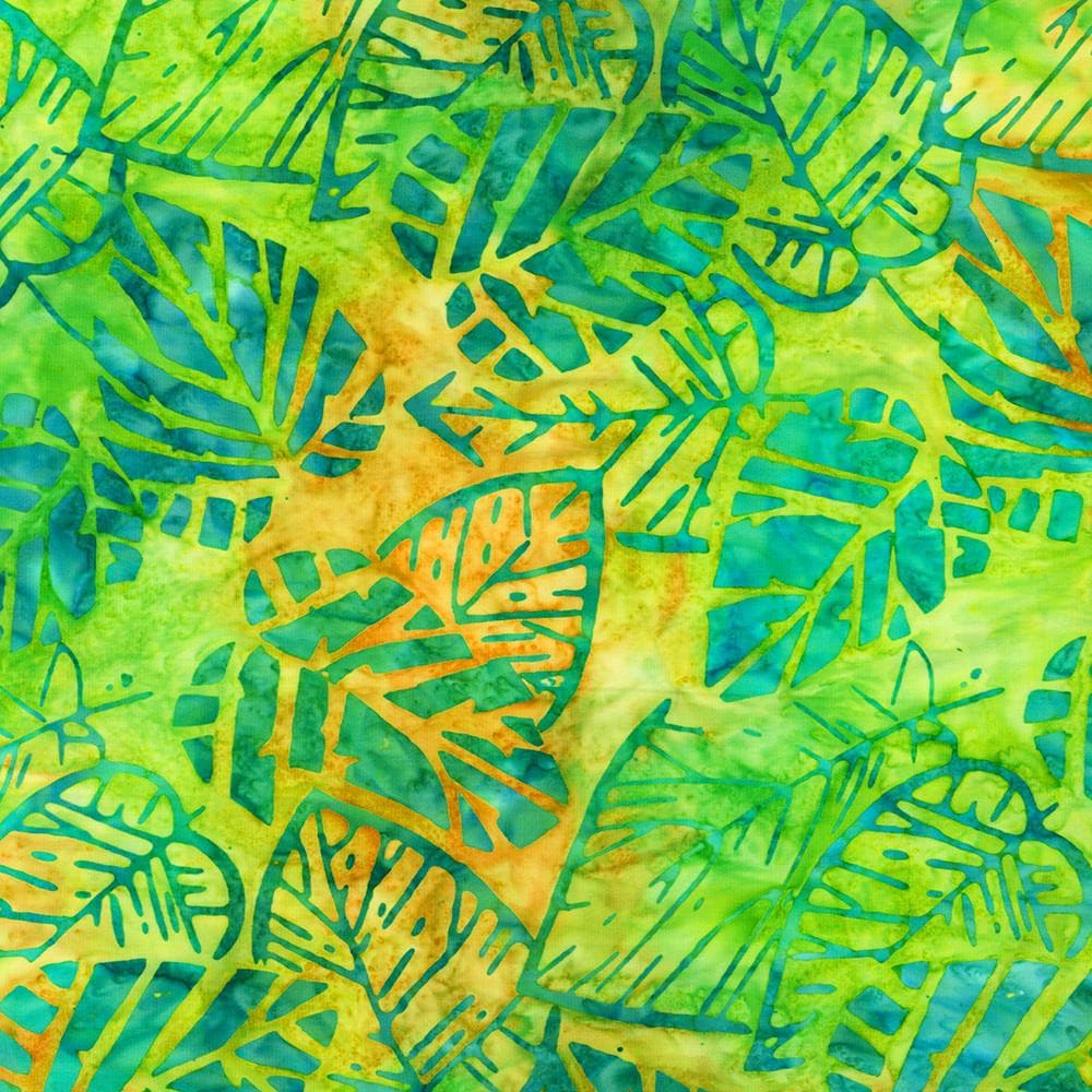 Artisan Batiks Tropical Breeze Charm Squares, Robert Kaufman CHS-1322-42, Precut 5" Blue Green Yellow Leaves Batik Charm Pack Fabric Squares