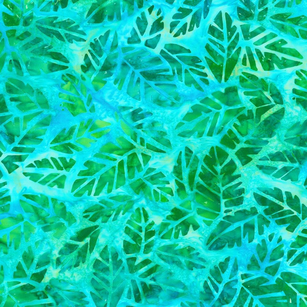 Artisan Batiks Tropical Breeze Charm Squares, Robert Kaufman CHS-1322-42, Precut 5" Blue Green Yellow Leaves Batik Charm Pack Fabric Squares