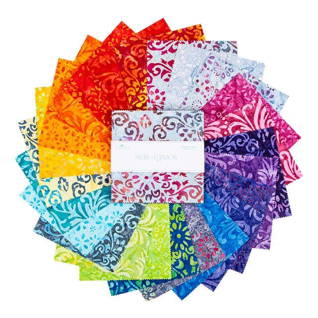 Expressions Batiks - Swirl the Rainbow 5" Stacker, Riley Blake 5-23565-42, 5" Precut Multicolored Batik Fabric Squares
