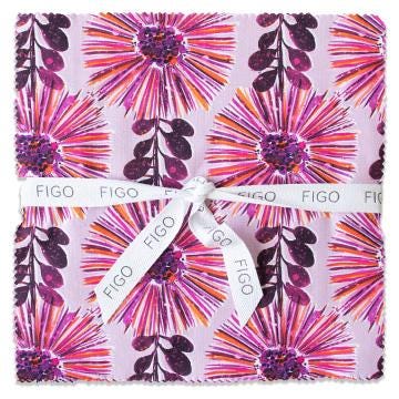 Painted Garden Tiles, Figo TPGRDN42-10, 10" Precut Pink Purple Orange Gold Floral Layer Cake Fabric Squares, Butterfly Fabric