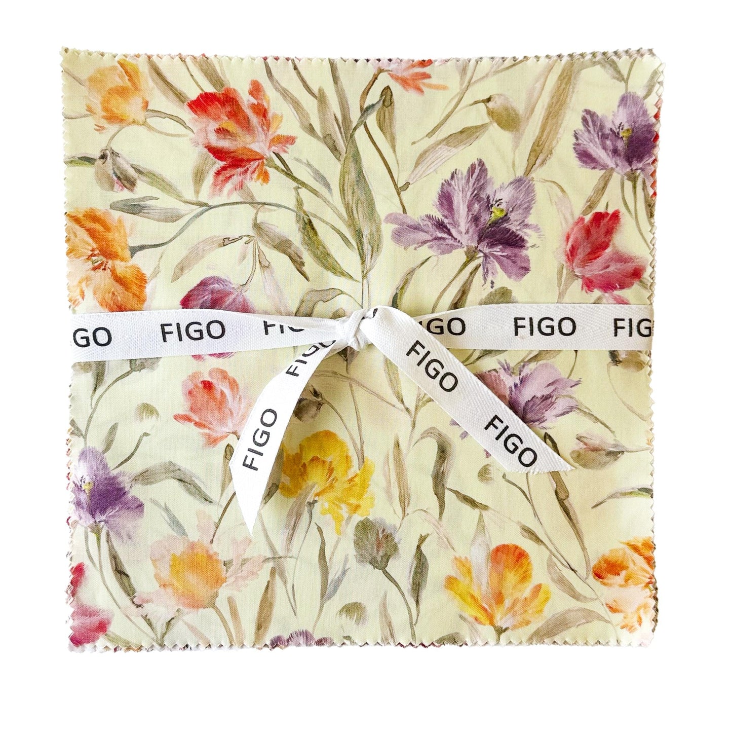 Flourish Tiles, Figo TFLOUR42-10, 10" Precut Pink Purple Orange Green Floral Layer Cake Fabric Squares, Hina Mirza