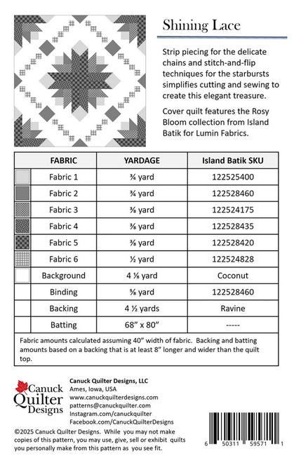 Shining Lace Quilt Pattern, Canuck Quilter Designs CQ5711, Yardage Friendly Stars Chains Lap Throw Quilt Pattern