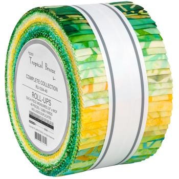 Artisan Batiks Tropical Breeze Roll Up, Robert Kaufman RU-1334-40, 2.5" Precut Green Yellow Blue Batik Fabric Strips