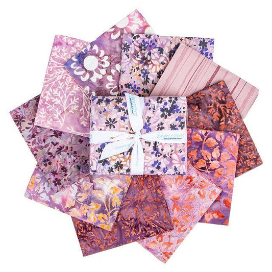 Expressions Batiks Wildflowers Misty 10 Piece Fat Quarter Bundle, Riley Blake FQ-23476A-10, 18 x 22 Purple Pink Peach Batik Fabric