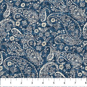 Farmhouse Sampler - Blue Cream Paisley Bandana Fabric, Northcott 28607-49, Woven Look Blue Bandana Cotton Quilt Apparel Fabric, By the Yard