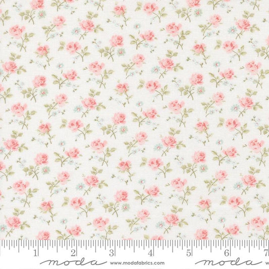Abide - Small Pink Roses on Off White Fabric, Moda 18791 11, Ditsy Calico Granny Chic Cottagecore Floral Fabric, Brenda Riddle, By the Yard